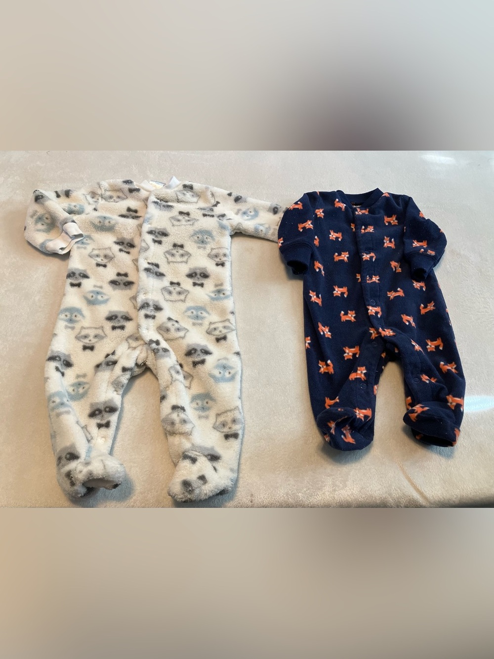 Plush Footed Baby One-Piece - Navy Fox Print and White Raccoon